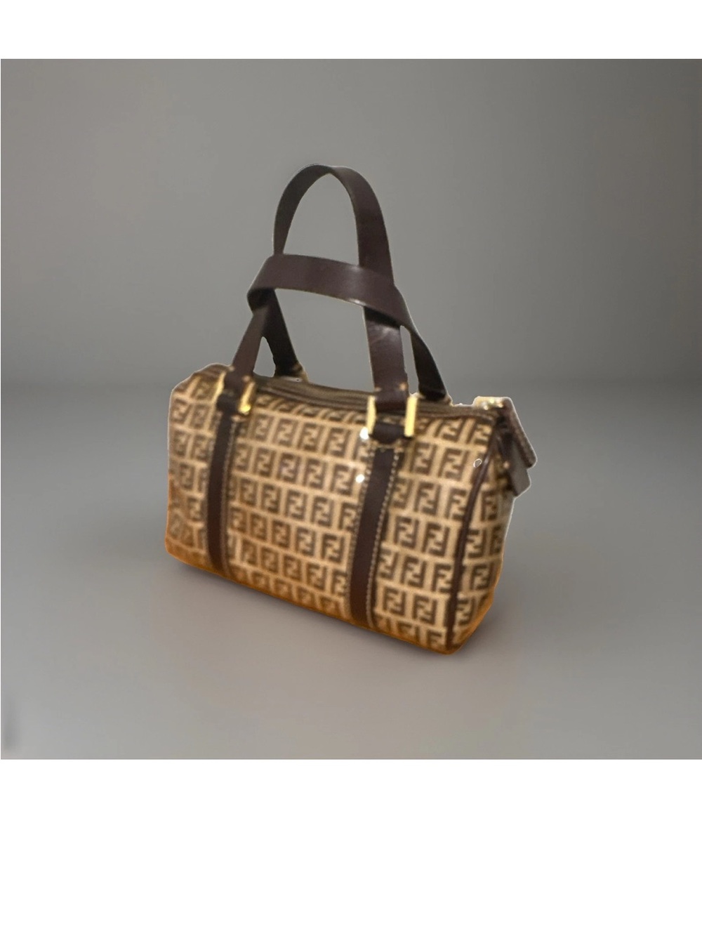 Vintage Fendi Zucchino FF Bauletto Boston-Style Top Handle Bag Brown PVC Leather
